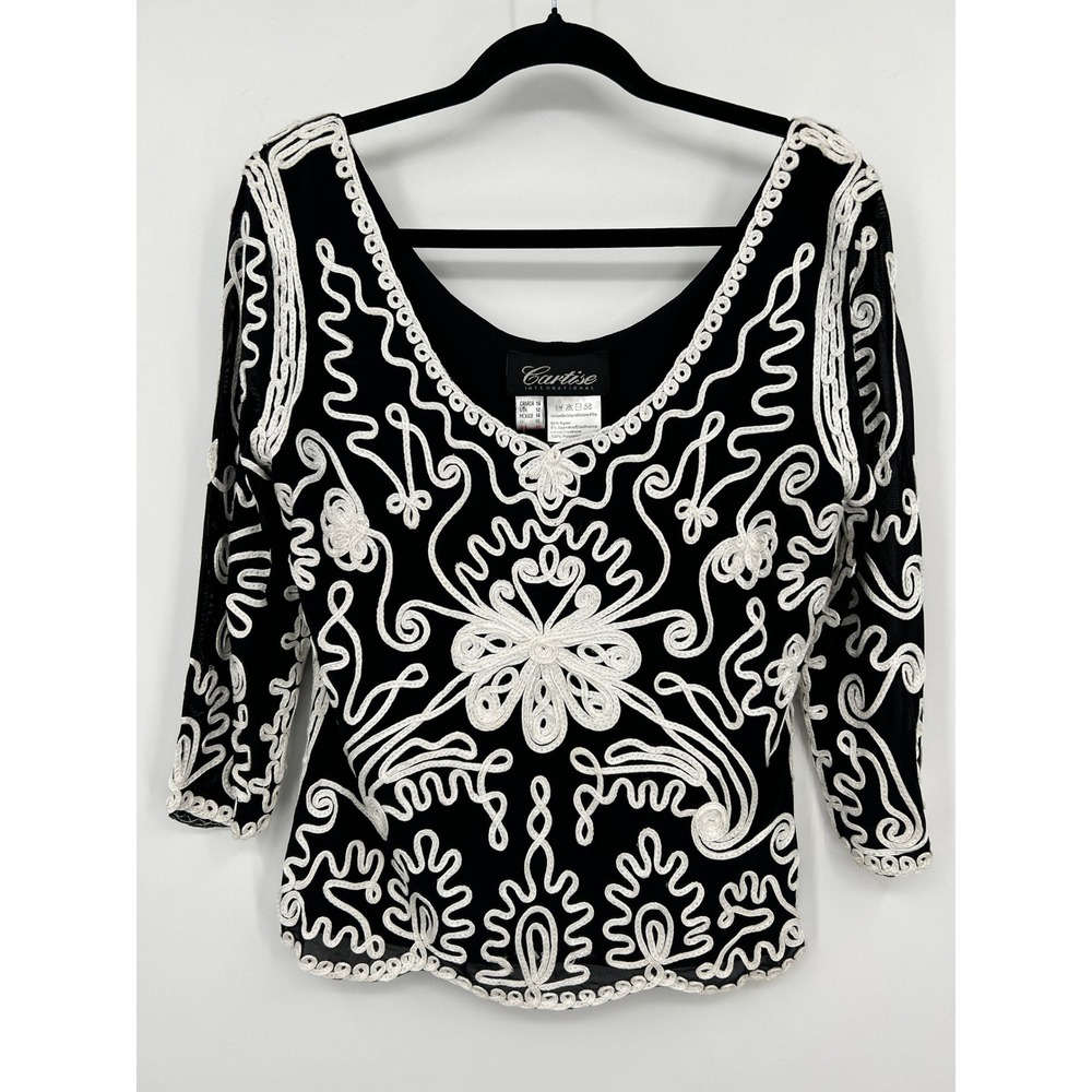 Cartise International Black White Soutache Embroidered Mesh Top V-Neck Size 12 - Picture 2 of 15